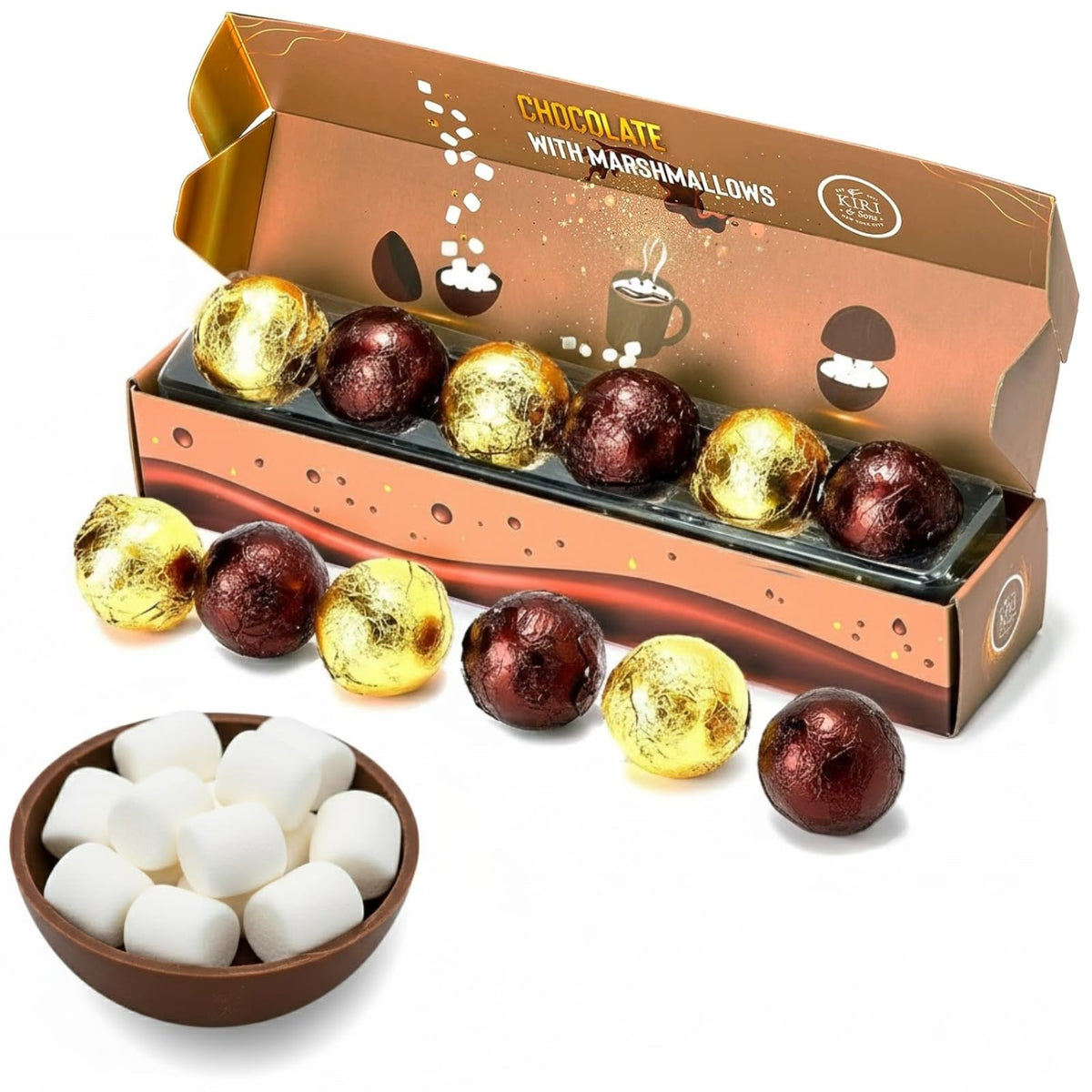 Kiri & Sons hot chocolate bombs set of 6 with milk chocolate shell ready to melt into cocoa.
