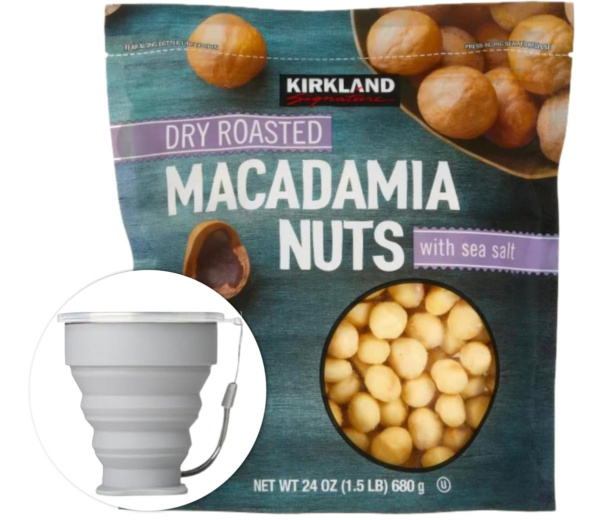 Kirkland Signature dry roasted macadamia nuts with sea salt in a bowl, ready to snack.
