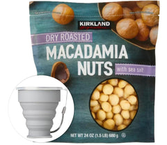 Kirkland Signature dry roasted macadamia nuts with sea salt in a bowl, ready to snack.
