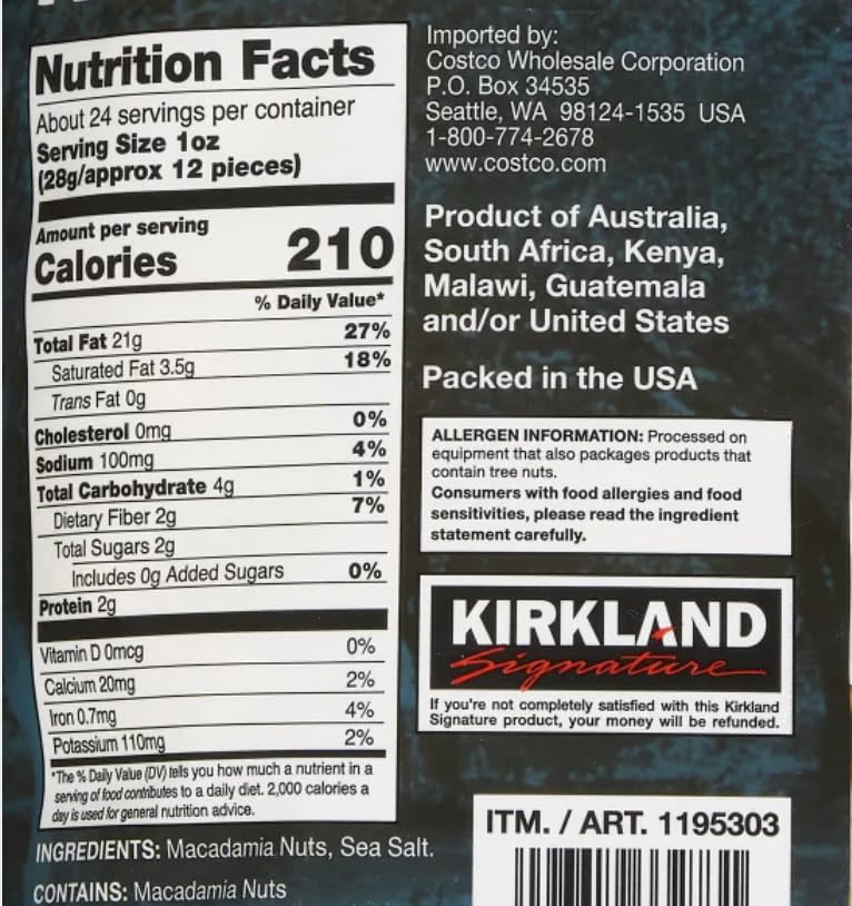 Close-up of Kirkland macadamia nuts showing buttery texture.