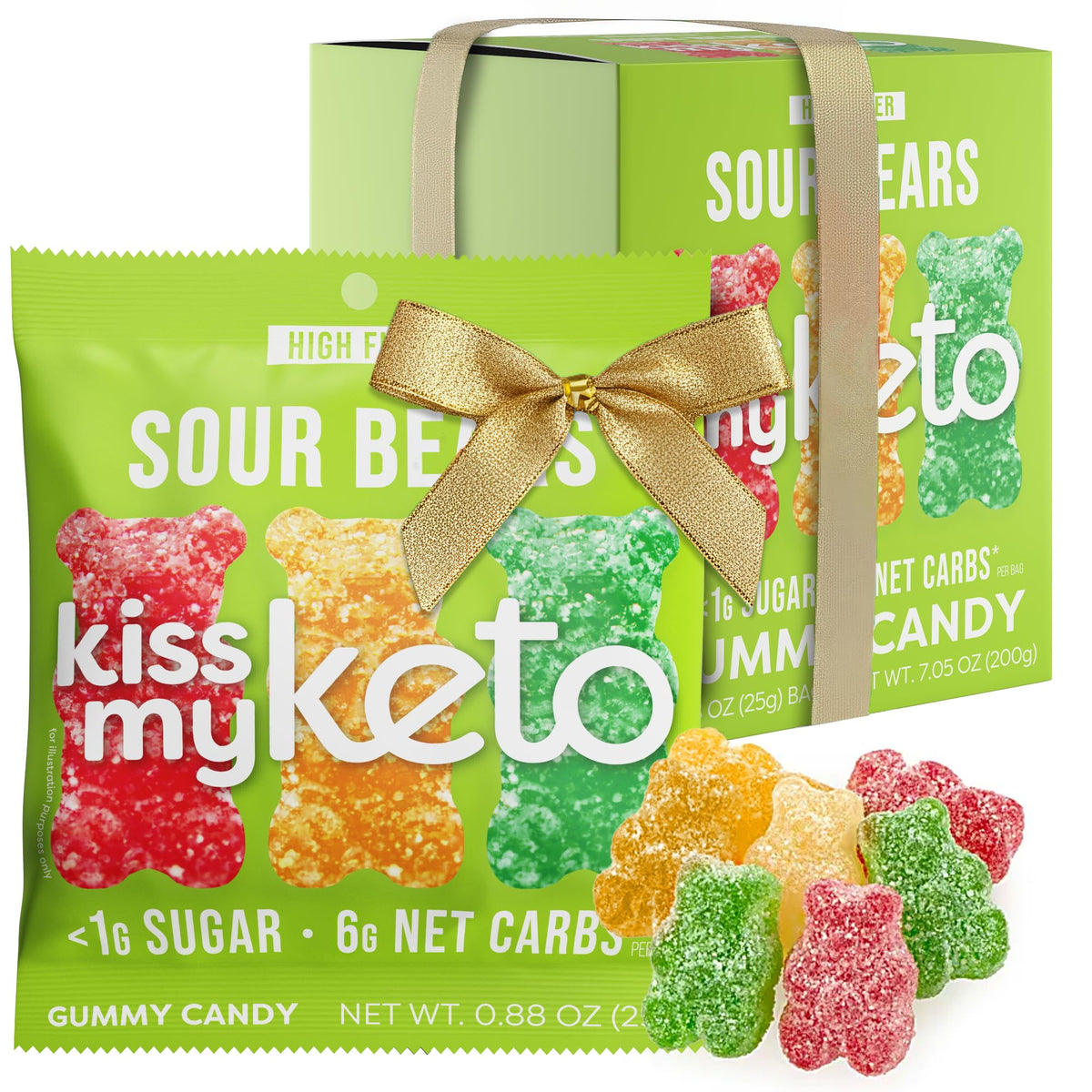 Kiss My Keto Sour Sugar Free Gummy Bears bag highlights keto friendly packaging