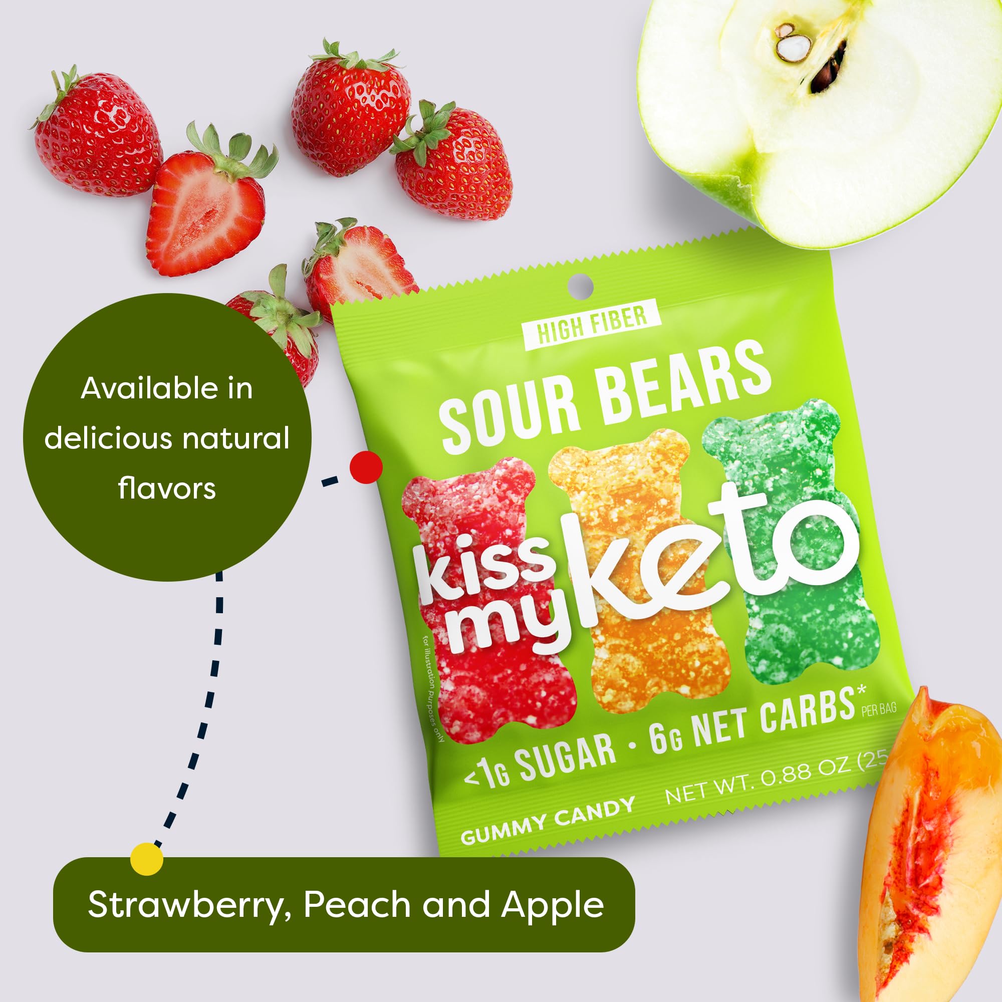 Kiss My Keto Sour Sugar Free Gummy Bears peach closeup highlights tangy flavor