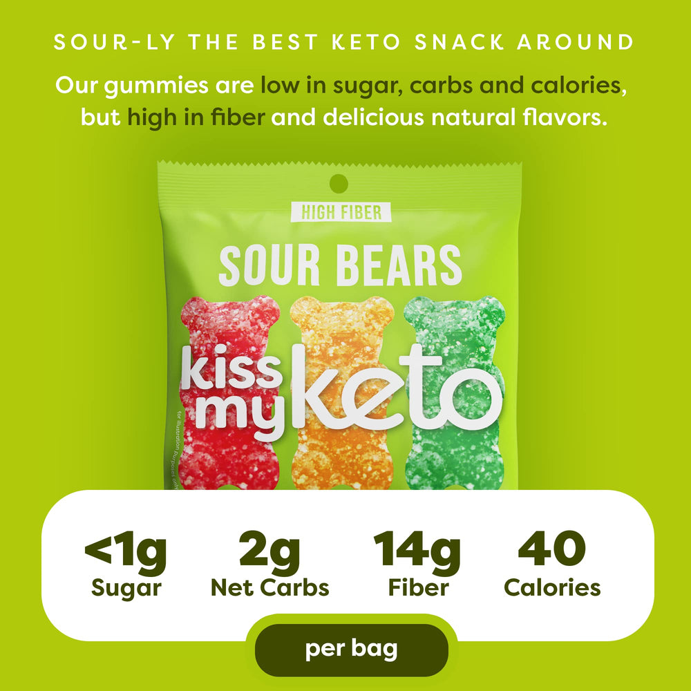 Kiss My Keto Sour Sugar Free Gummy Bears strawberry closeup emphasizes fruity tang