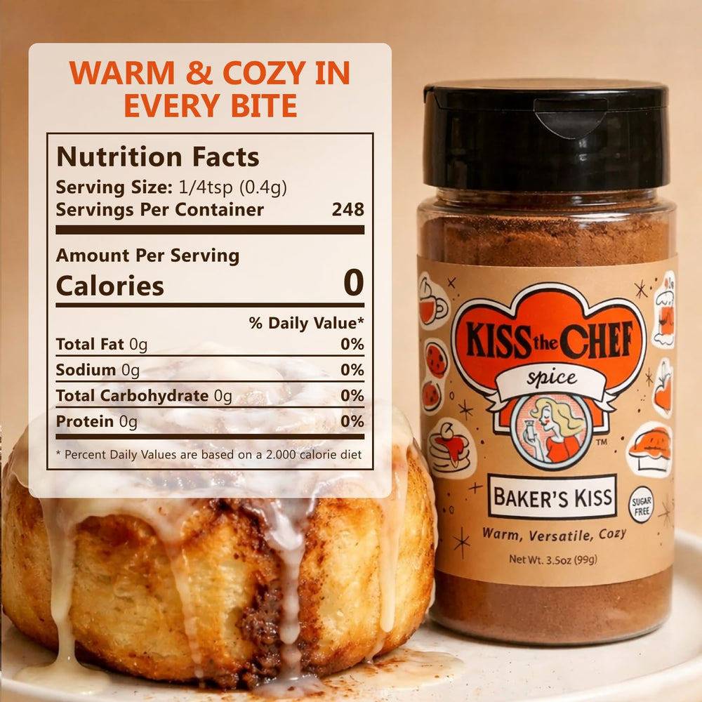 Kiss the Chef Baker’s Kiss Spice Blend label closeup with cinnamon and nutmeg