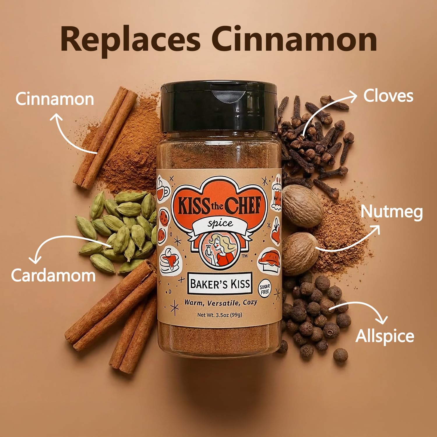 Kiss the Chef Baker’s Kiss Spice Blend on a spoon dusting batter