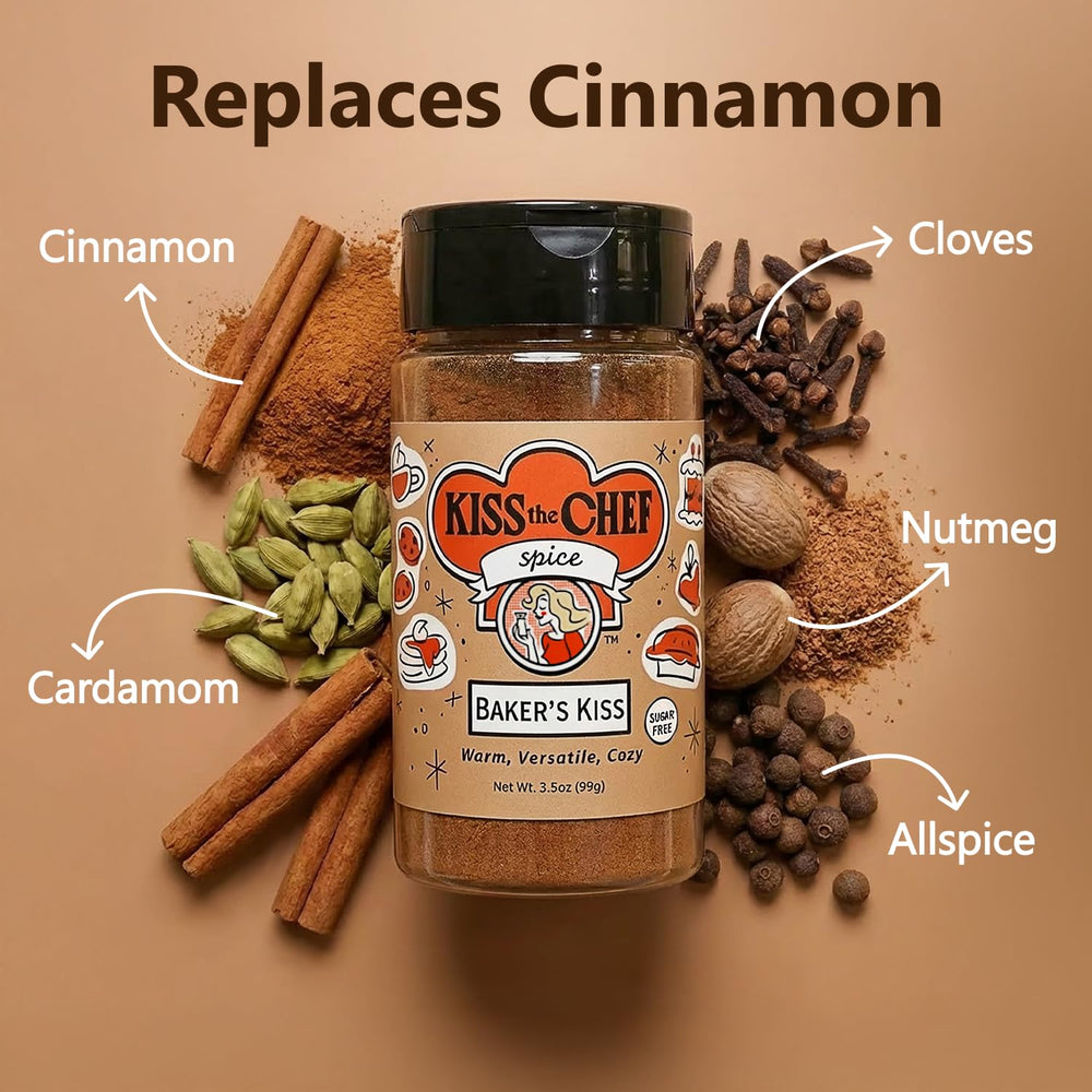 Kiss the Chef Baker’s Kiss Spice Blend on a spoon dusting batter