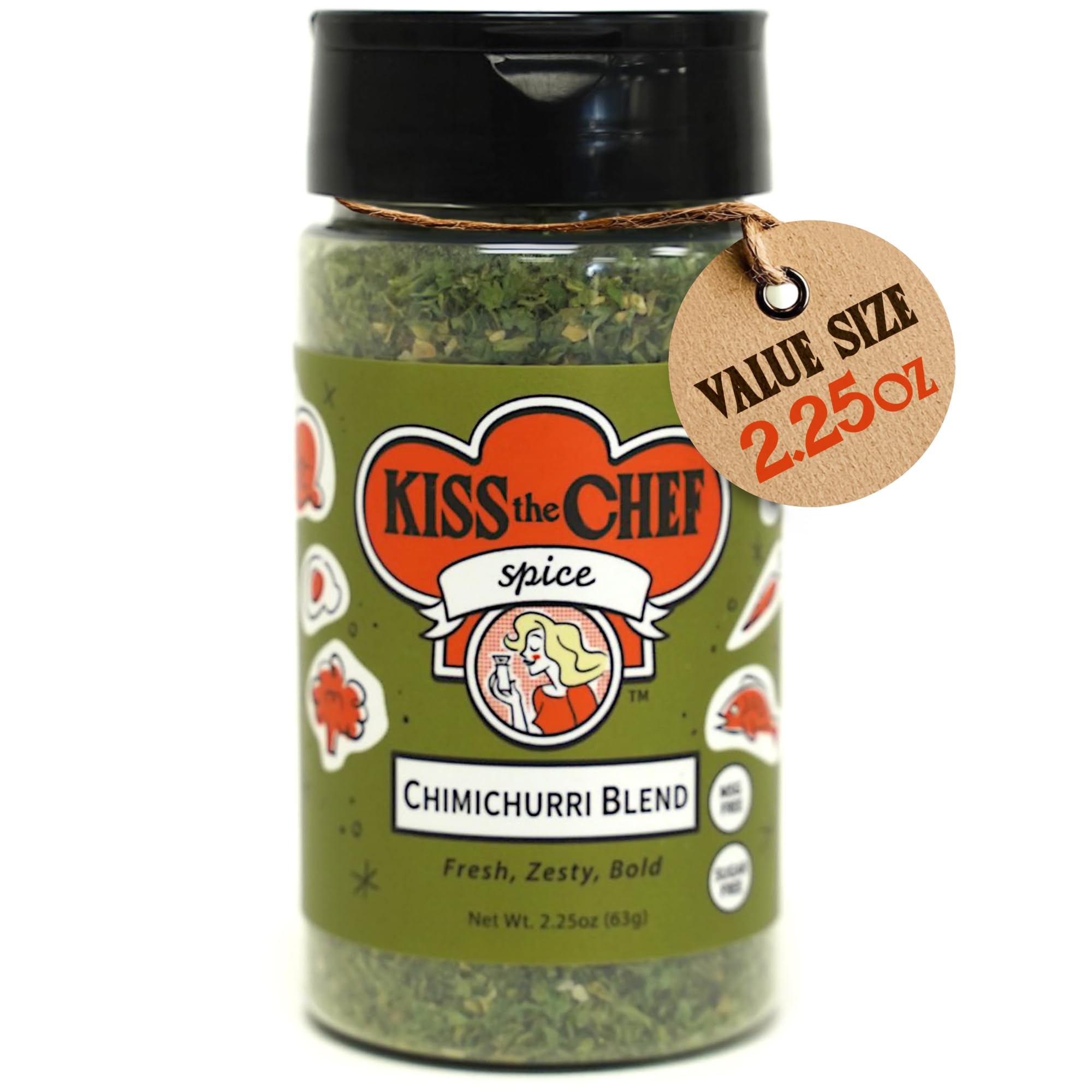 Kiss the Chef Chimichurri Blend jar on shelf ready to elevate meals with fresh herbs.