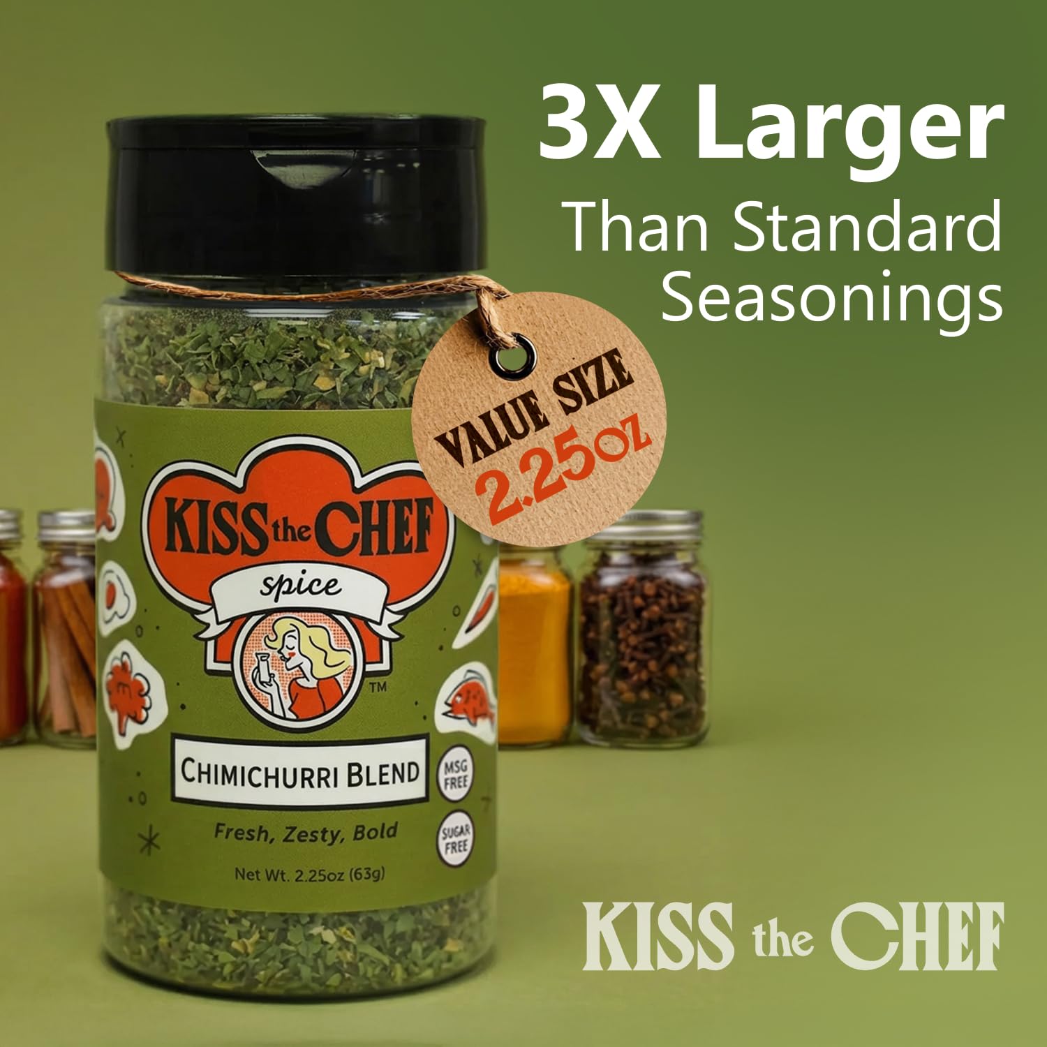 Label detail of Kiss the Chef Chimichurri Blend showing gluten-free and no MSG.