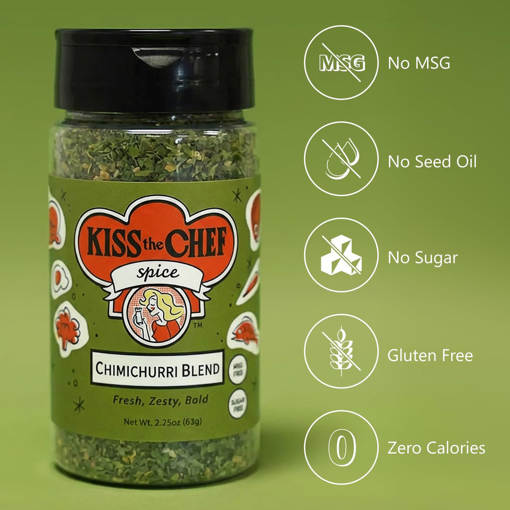2.25 oz Kiss the Chef Chimichurri Blend jar on kitchen counter beside spices.