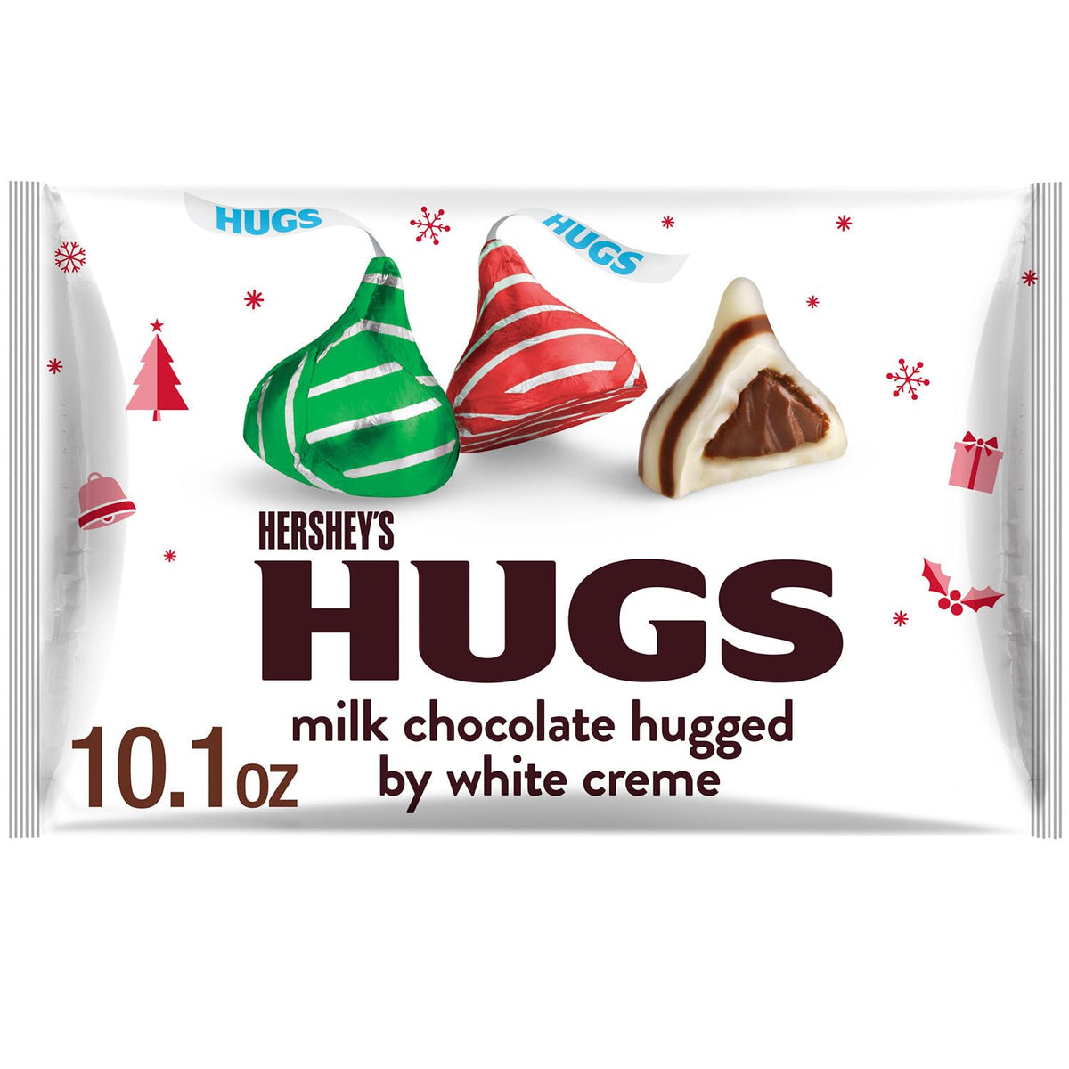 Kisses HUGS Christmas candy bag front view for festive display.