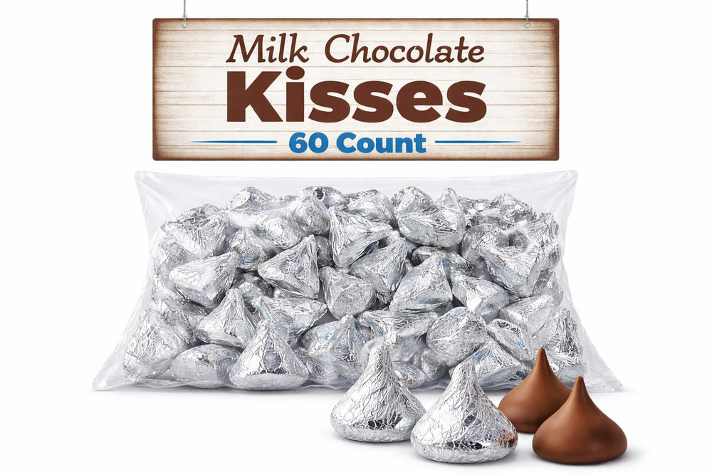Milk chocolate KISSES close-up, smooth texture and classic wrap.