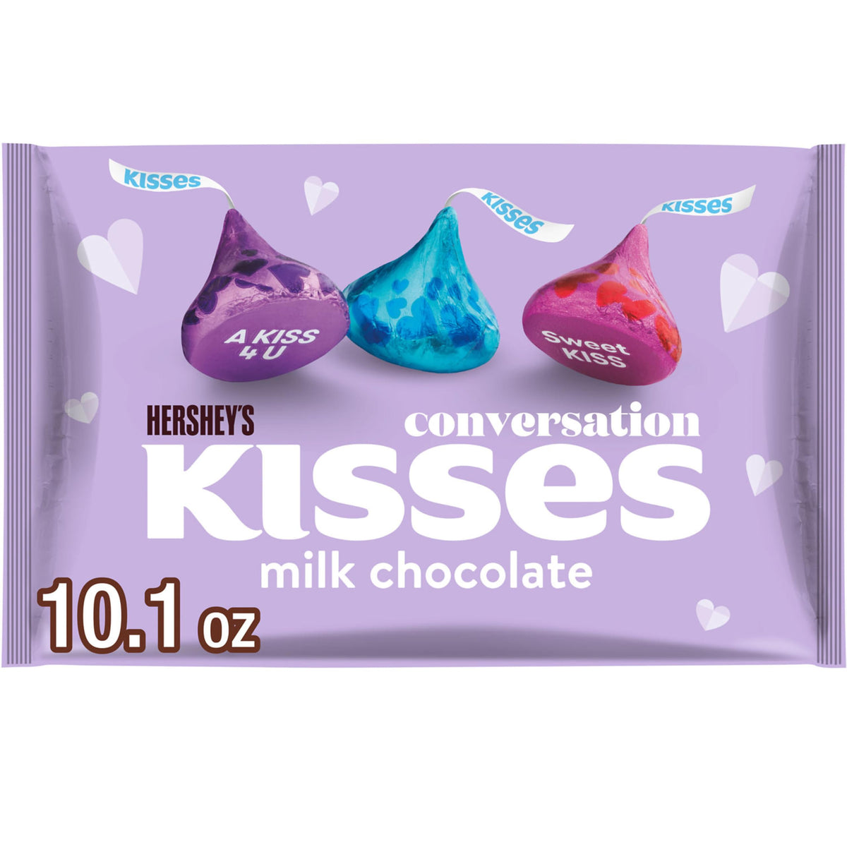 Kisses milk chocolate in conversation foil, gift-ready presentation.