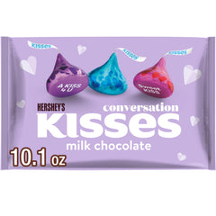 Kisses milk chocolate in conversation foil, gift-ready presentation.