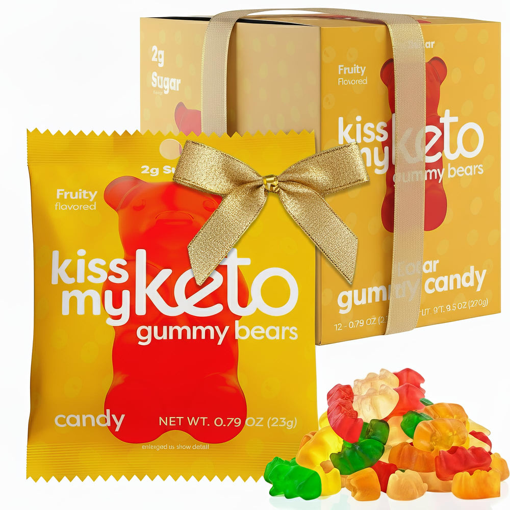Kiss My Keto sugar-free gummy bears 12-pack in a resealable bag for on-the-go snacking