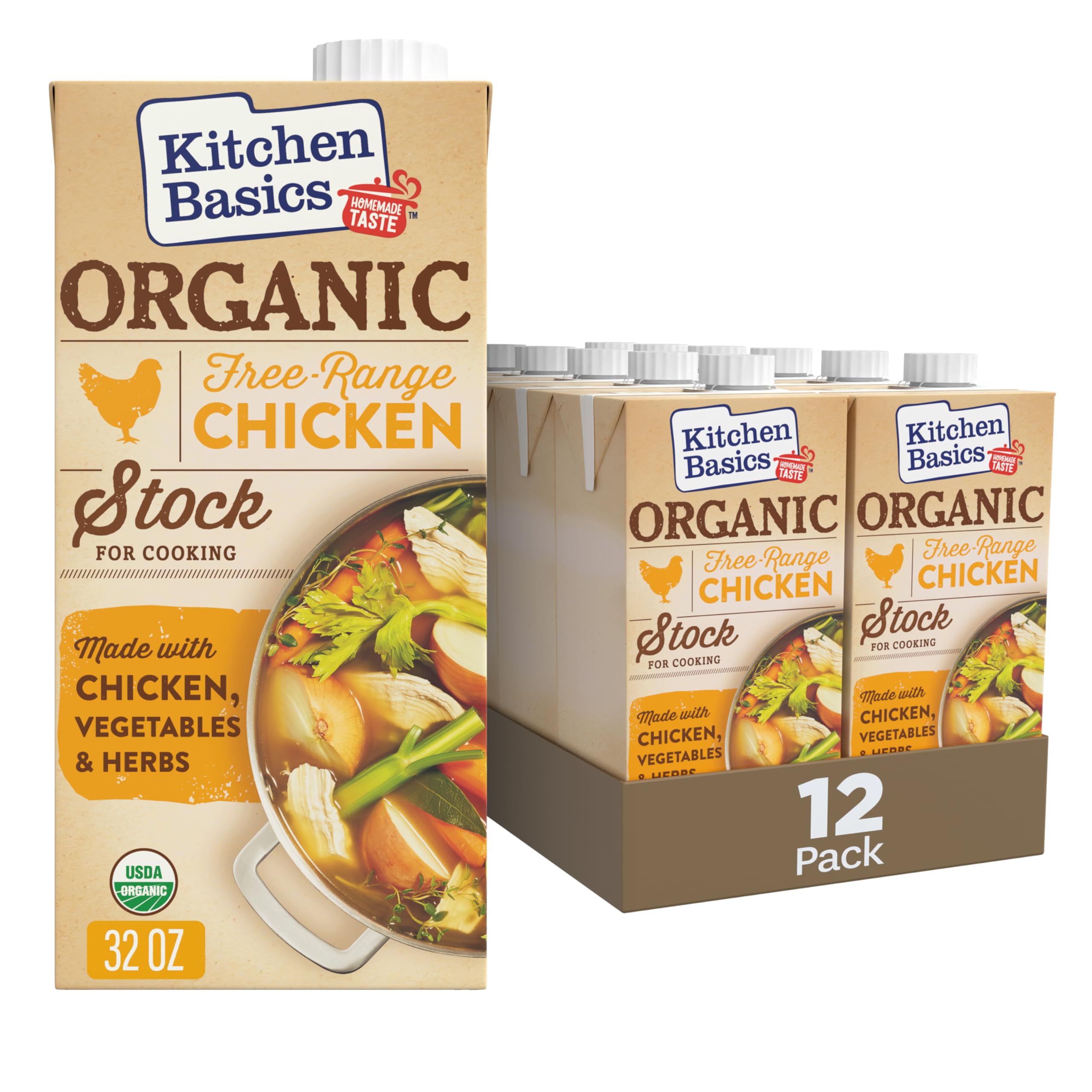 Kitchen Basics Organic Free Range Chicken Stock carton on pantry shelf, ready to elevate sauces.