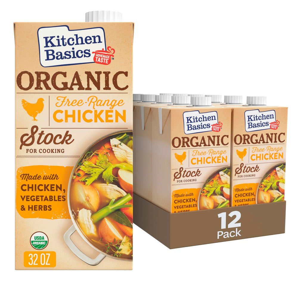 Kitchen Basics Organic Free Range Chicken Stock carton on pantry shelf, ready to elevate sauces.