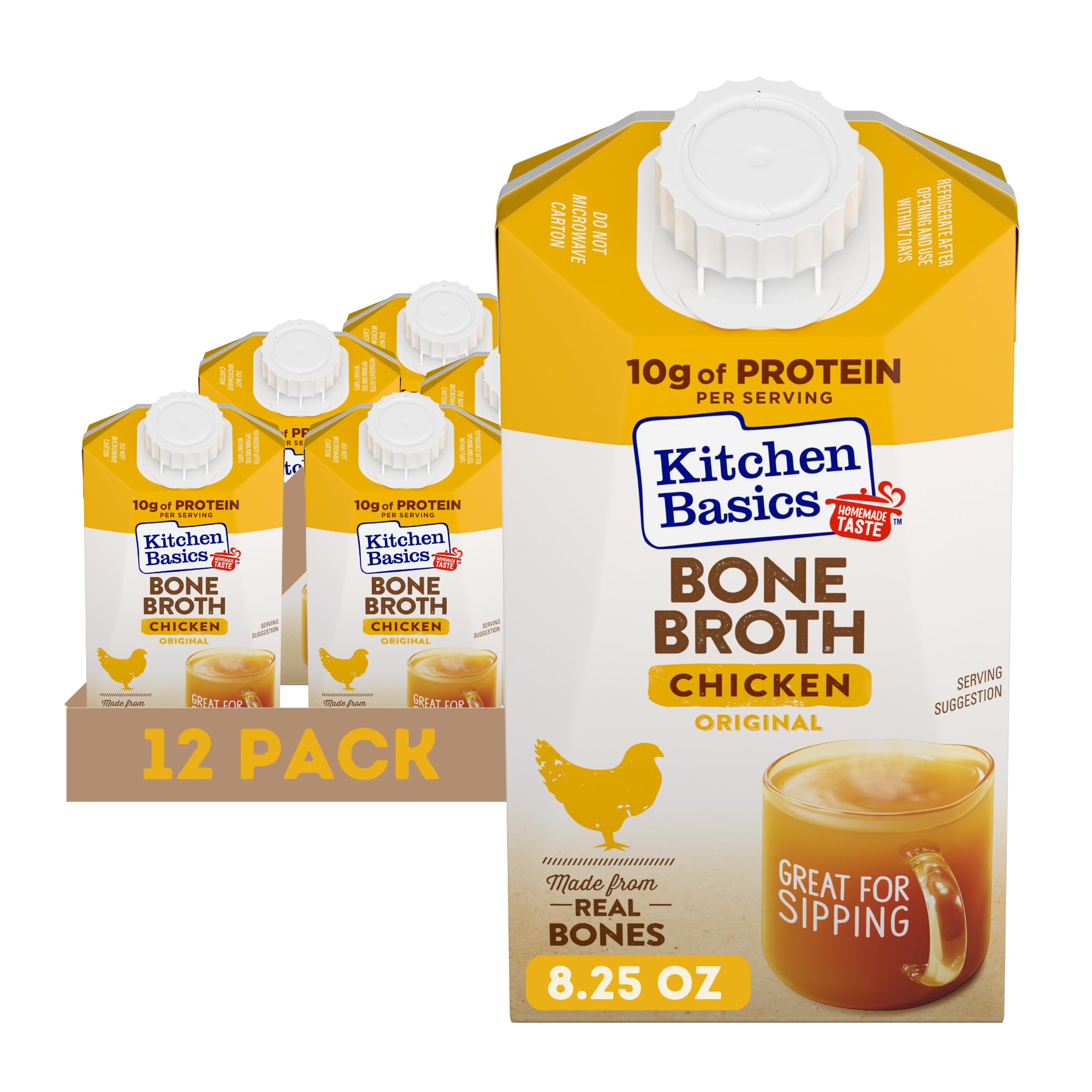 Kitchen Basics Original Chicken Bone Broth pack 12 front label shows quality.