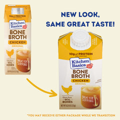 Kitchen Basics Original Chicken Bone Broth label close-up shows ingredients and quality.