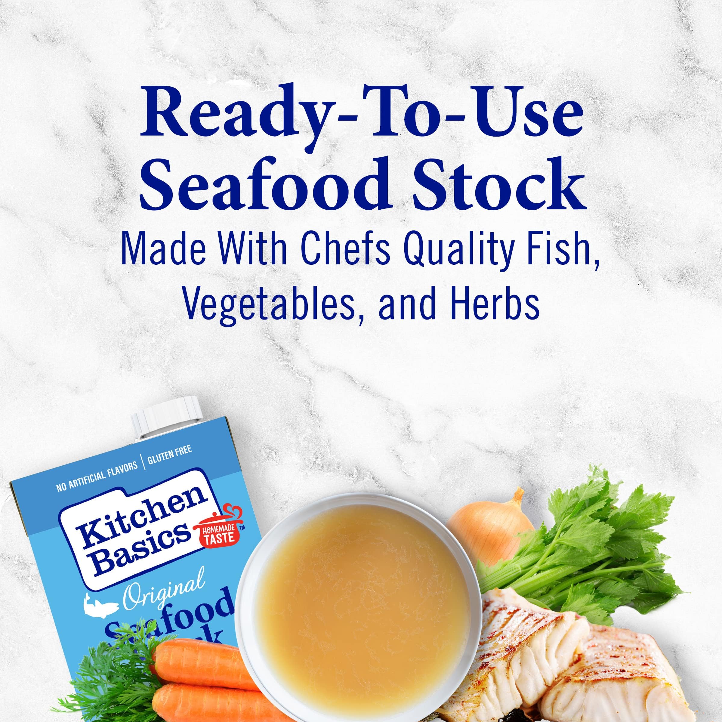 Kitchen Basics stock glass jar closeup emphasizing quality ingredients for homemade seafood dishes