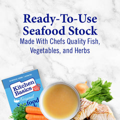Kitchen Basics stock glass jar closeup emphasizing quality ingredients for homemade seafood dishes