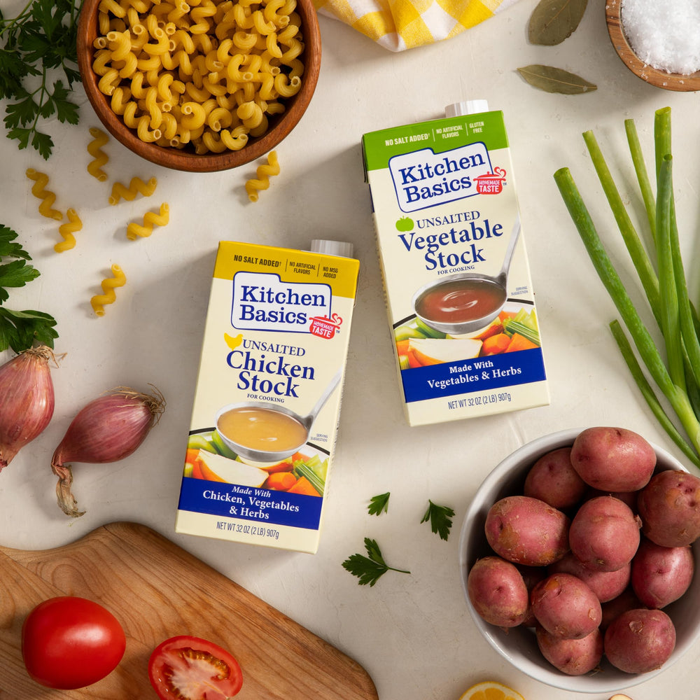 Kitchen Basics Unsalted stock label highlights gluten-free and no MSG.