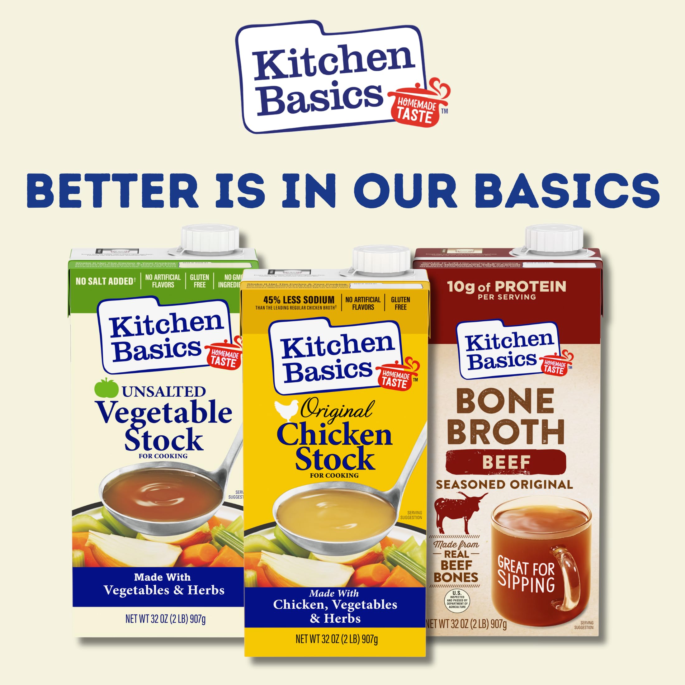 Kitchen Basics stock in 32 oz carton ready for weeknight dinners.