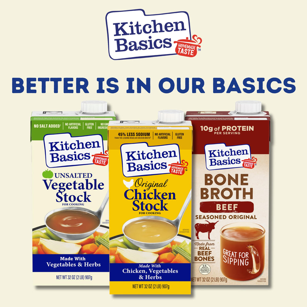 Kitchen Basics stock in 32 oz carton ready for weeknight dinners.