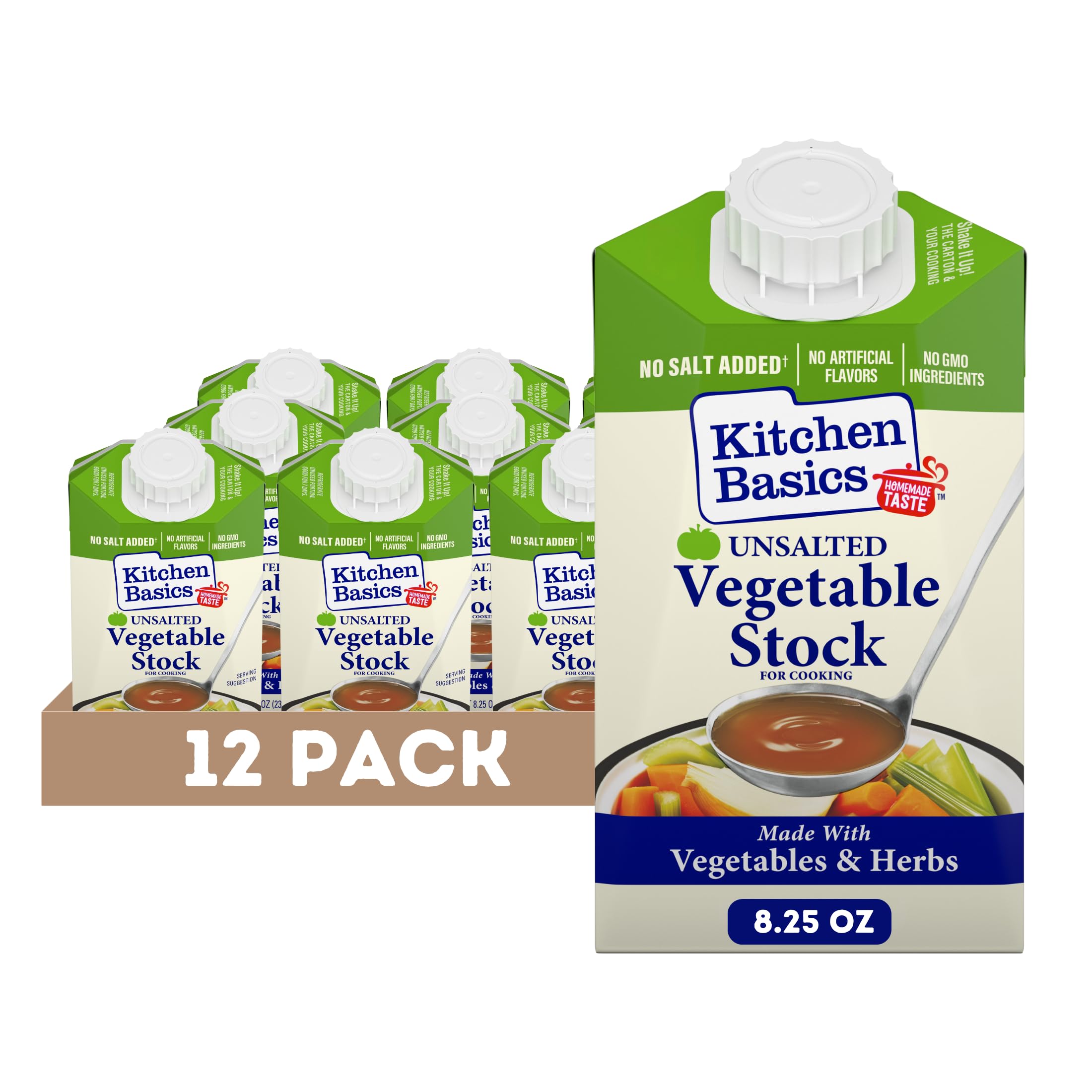 Kitchen Basics Unsalted Vegetable Stock cartons on a pantry shelf for easy cooking.