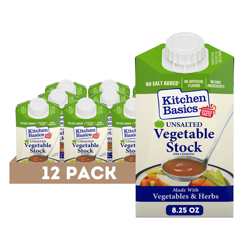Kitchen Basics Unsalted Vegetable Stock cartons on a pantry shelf for easy cooking.