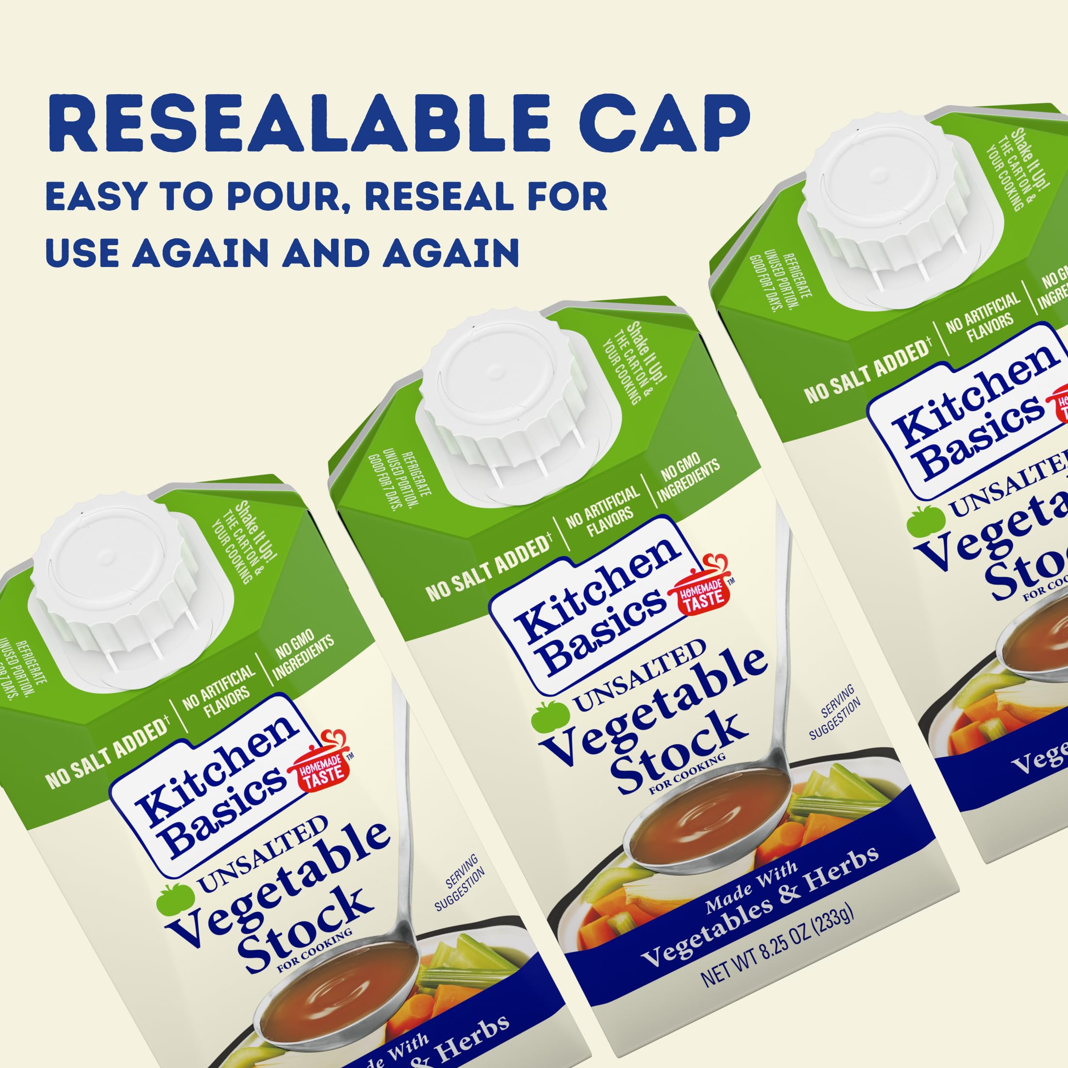 Gluten-free label on Kitchen Basics Unsalted Vegetable Stock for recipe versatility.