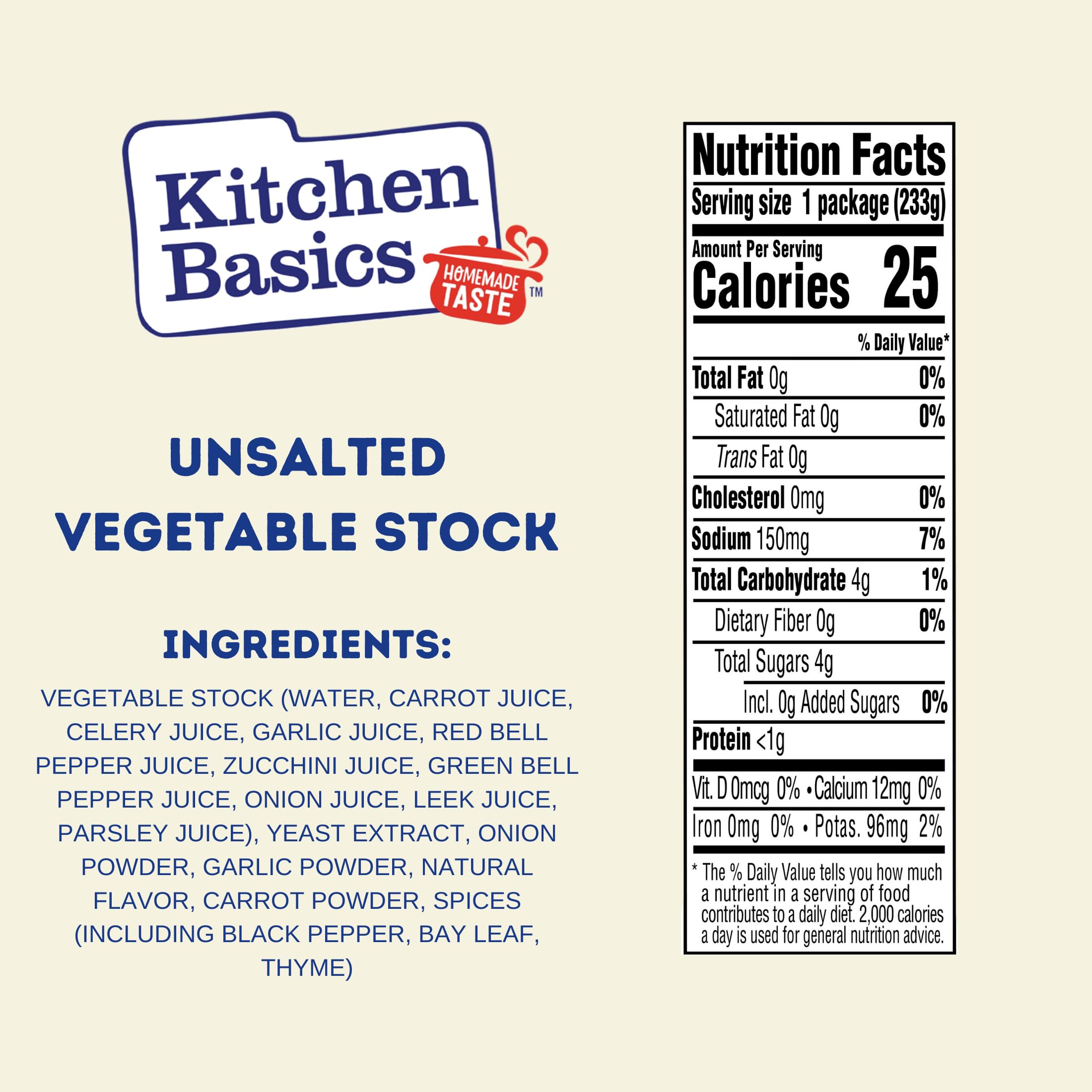 Kitchen Basics Unsalted Vegetable Stock pack highlights a gluten-free base for soups and sauces.