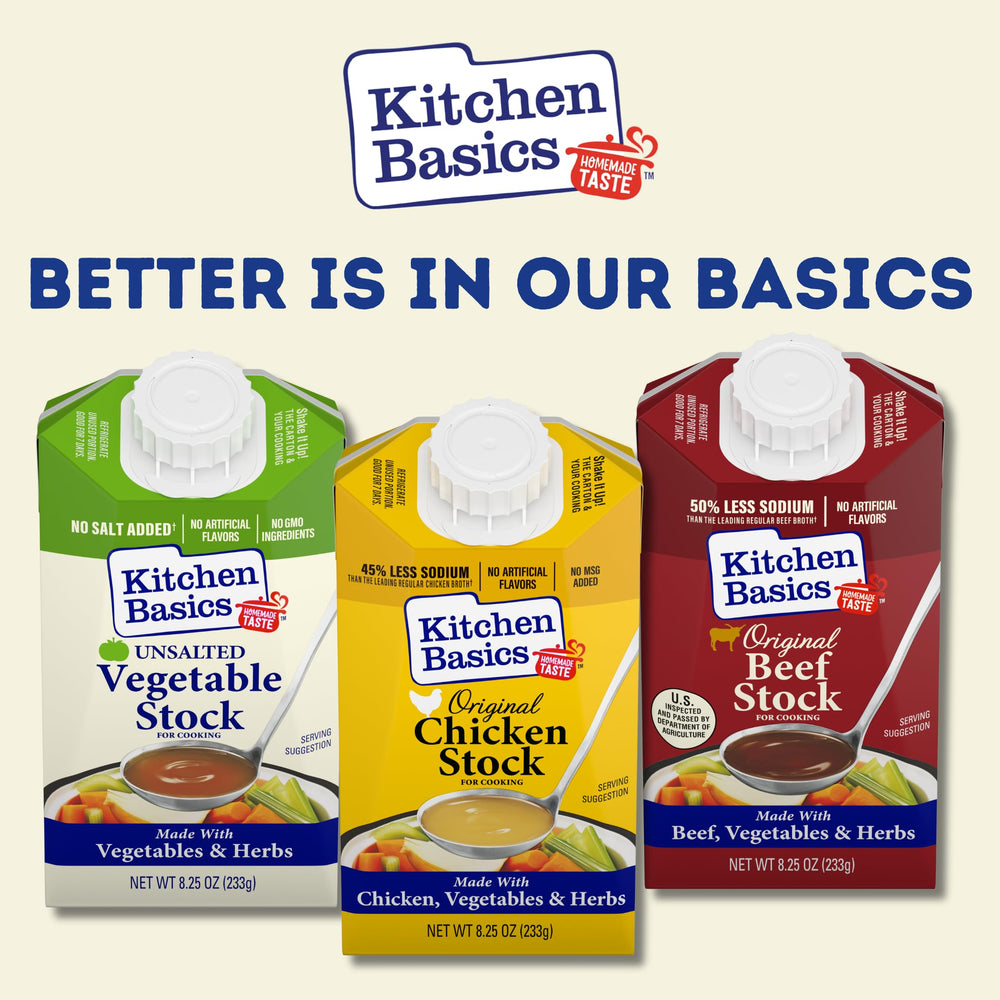 Pantry-ready cartons of Kitchen Basics Unsalted Vegetable Stock neatly stacked for quick weeknight meals.