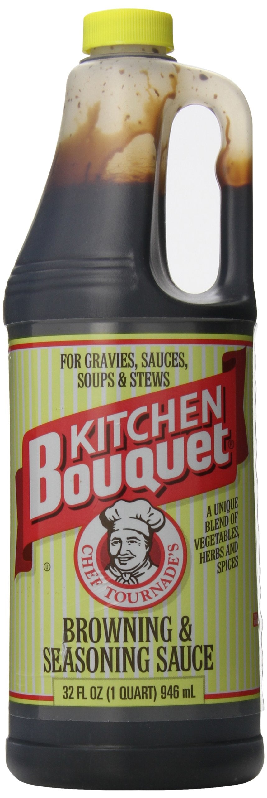 Kitchen Bouquet browning sauce in 32 oz bottle enhances color and depth of soups