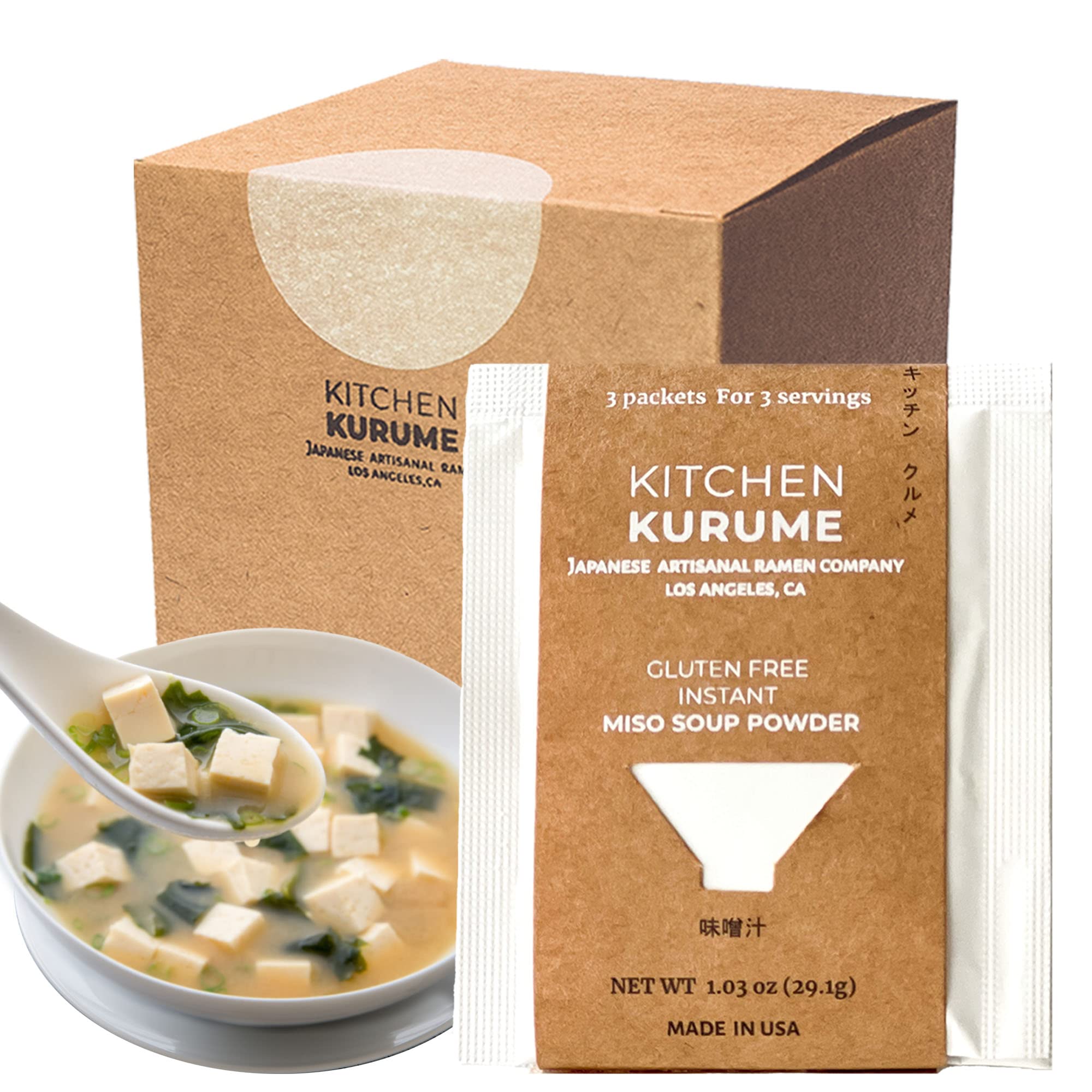 Kitchen Kurume gluten-free white miso soup powder box for quick meals.