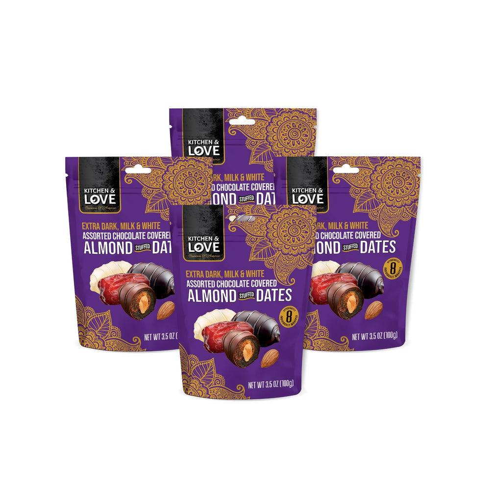 Kitchen & Love dark chocolate almond-stuffed dates on a plate, rich and on-the-go friendly.