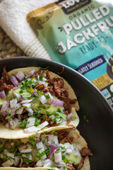 Kitchen & Love jackfruit meat alternative in pan shows quick heating in 90 seconds
