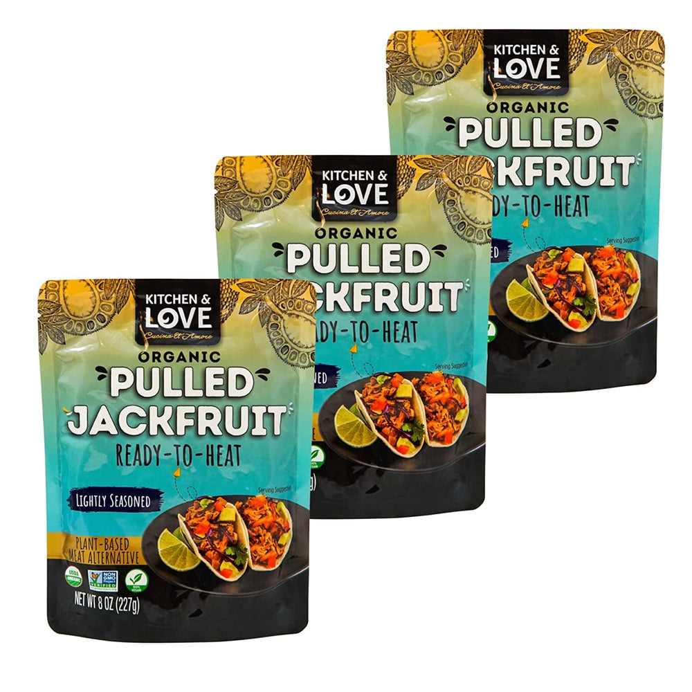 Kitchen & Love jackfruit lightly seasoned pack shot showing organic, ready-to-use meat alternative