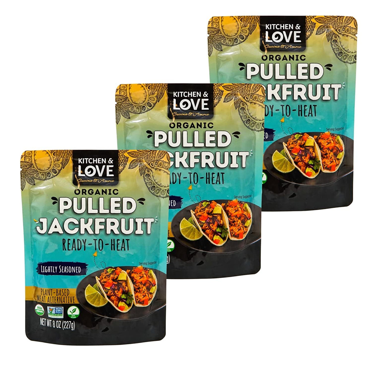 Kitchen & Love jackfruit lightly seasoned pack shot showing organic, ready-to-use meat alternative