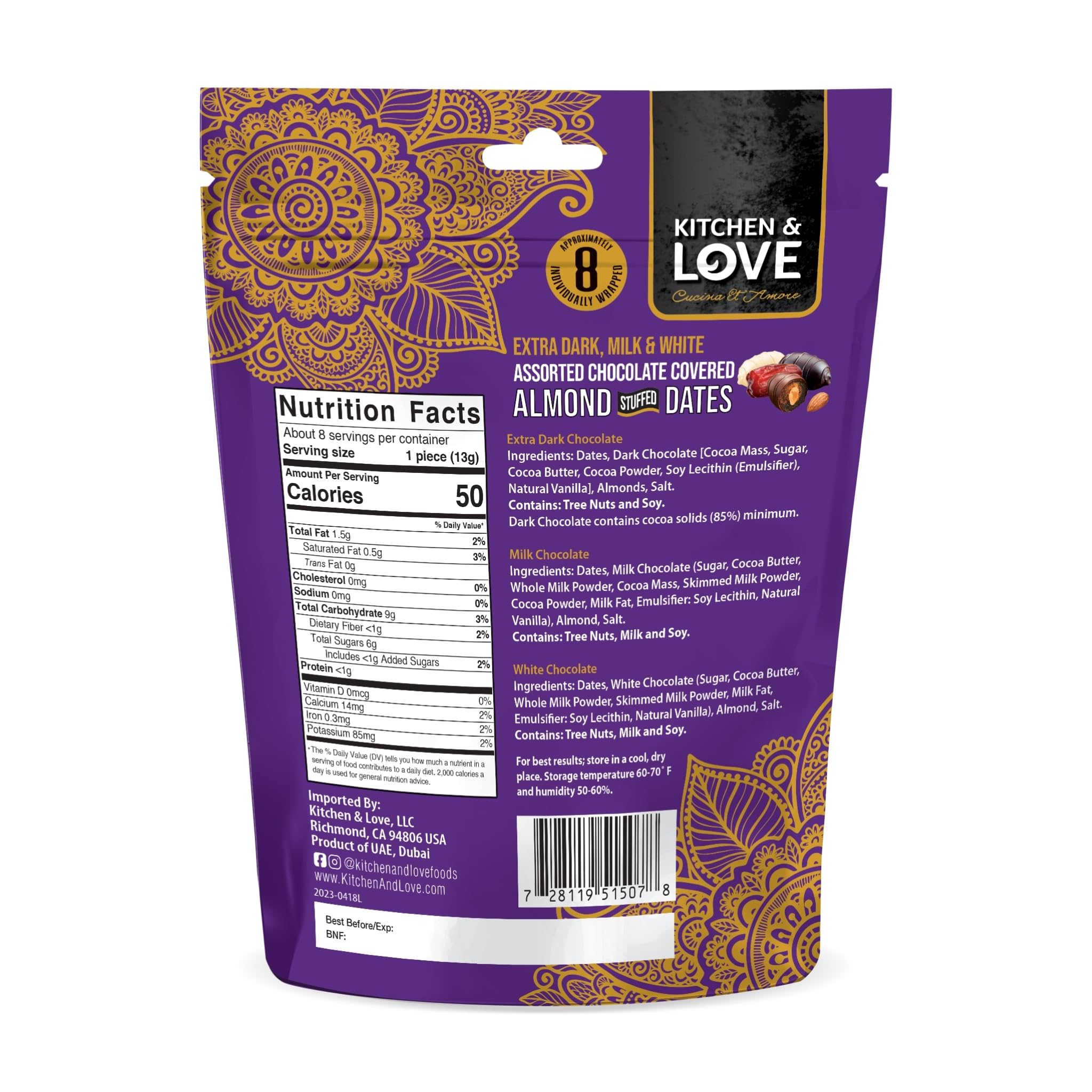 Kitchen & Love milk chocolate almond-stuffed dates, creamy and quick snack.