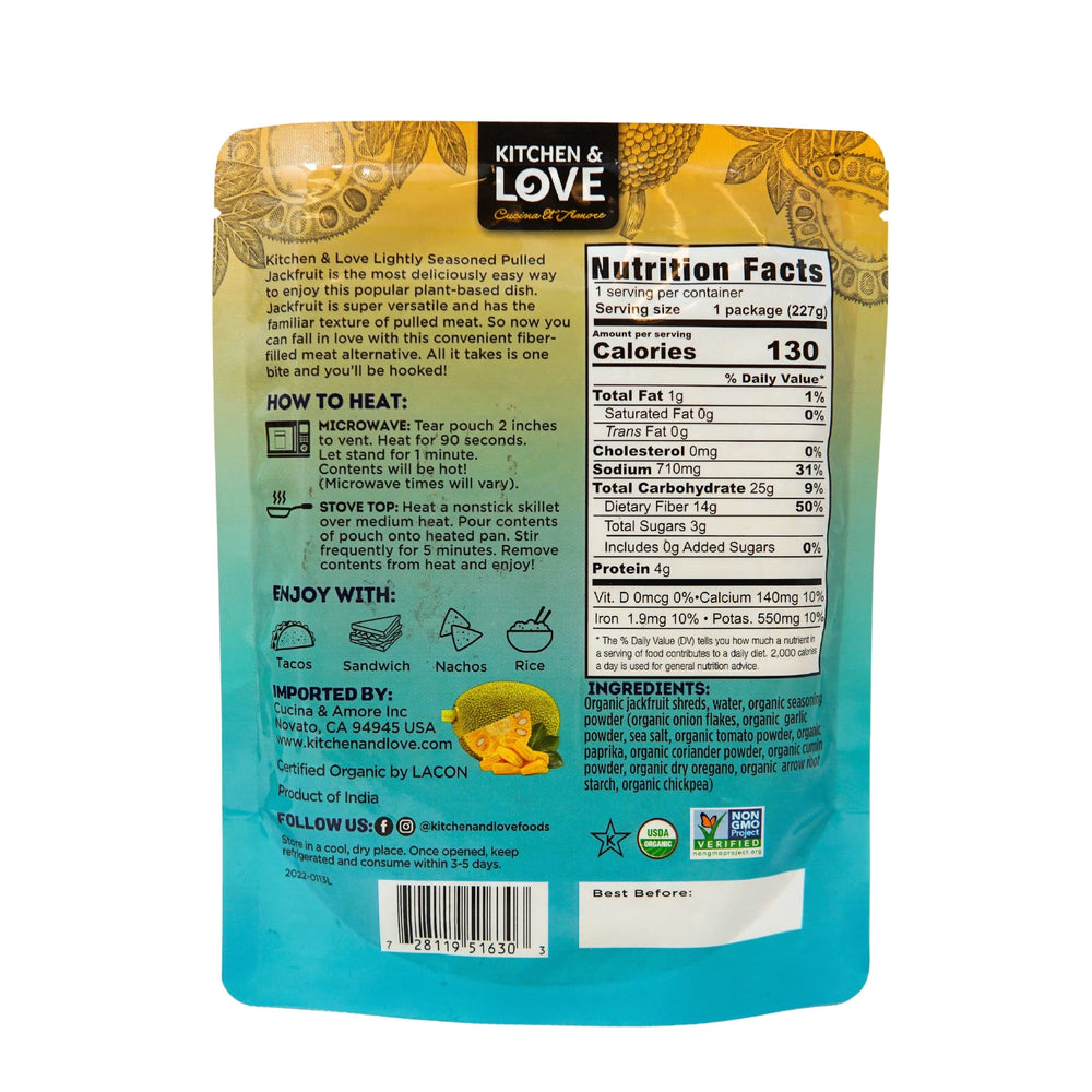 Kitchen & Love organic jackfruit shreds closeup highlighting fiber-rich texture