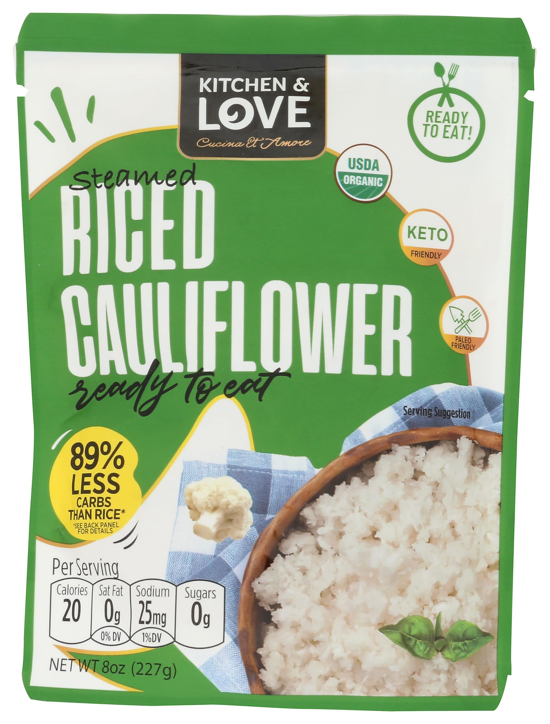 Kitchen & Love Organic Ready-to-Eat Riced Cauliflower front package, ideal for quick meals.