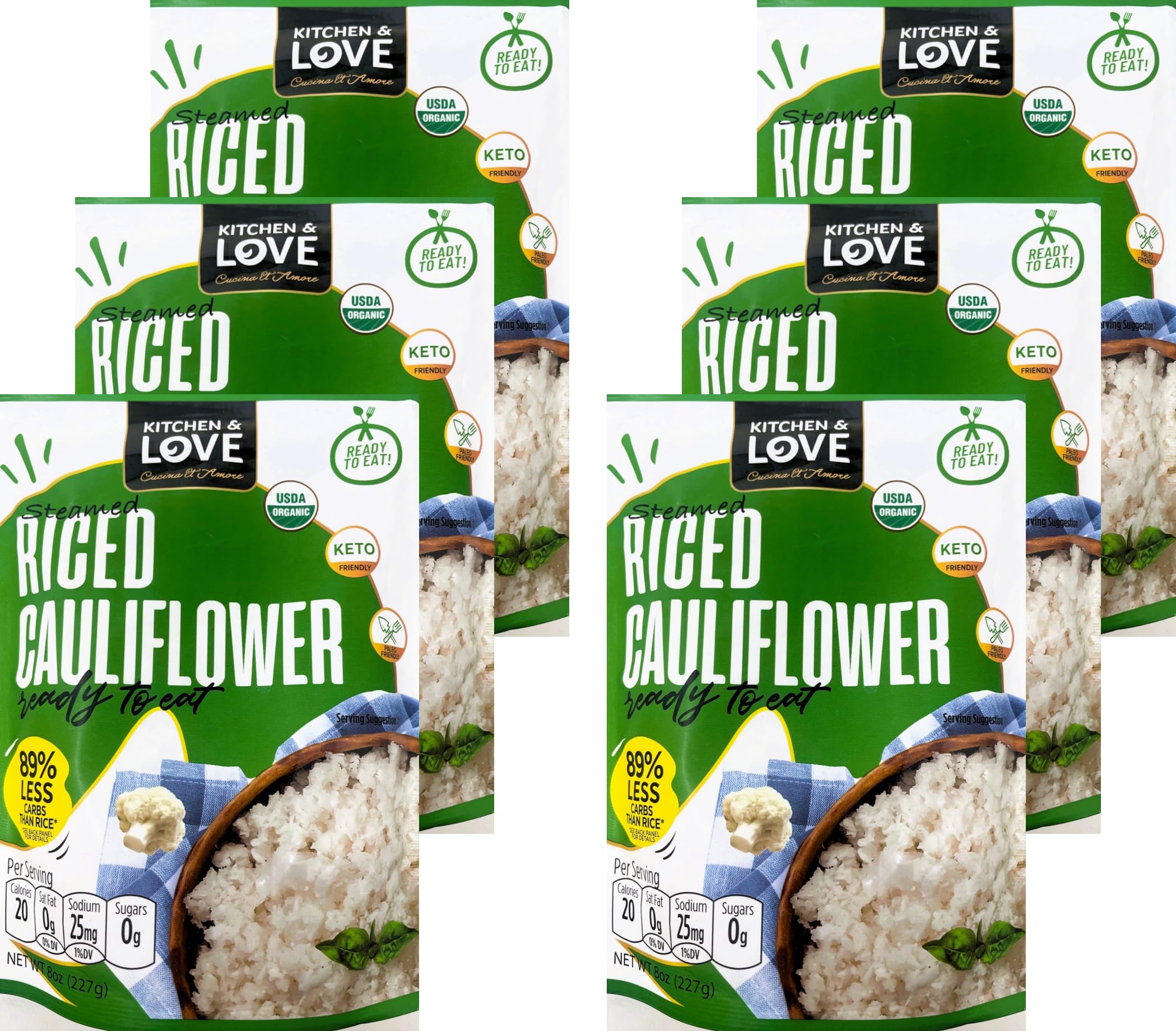 Kitchen & Love Organic Riced Cauliflower 6-pack on shelf, a low-carb base for healthy bowls.