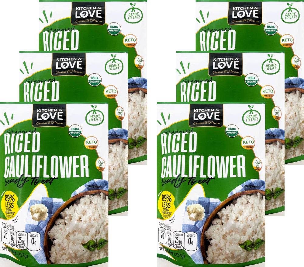 Kitchen & Love Organic Riced Cauliflower 6-pack on shelf, a low-carb base for healthy bowls.