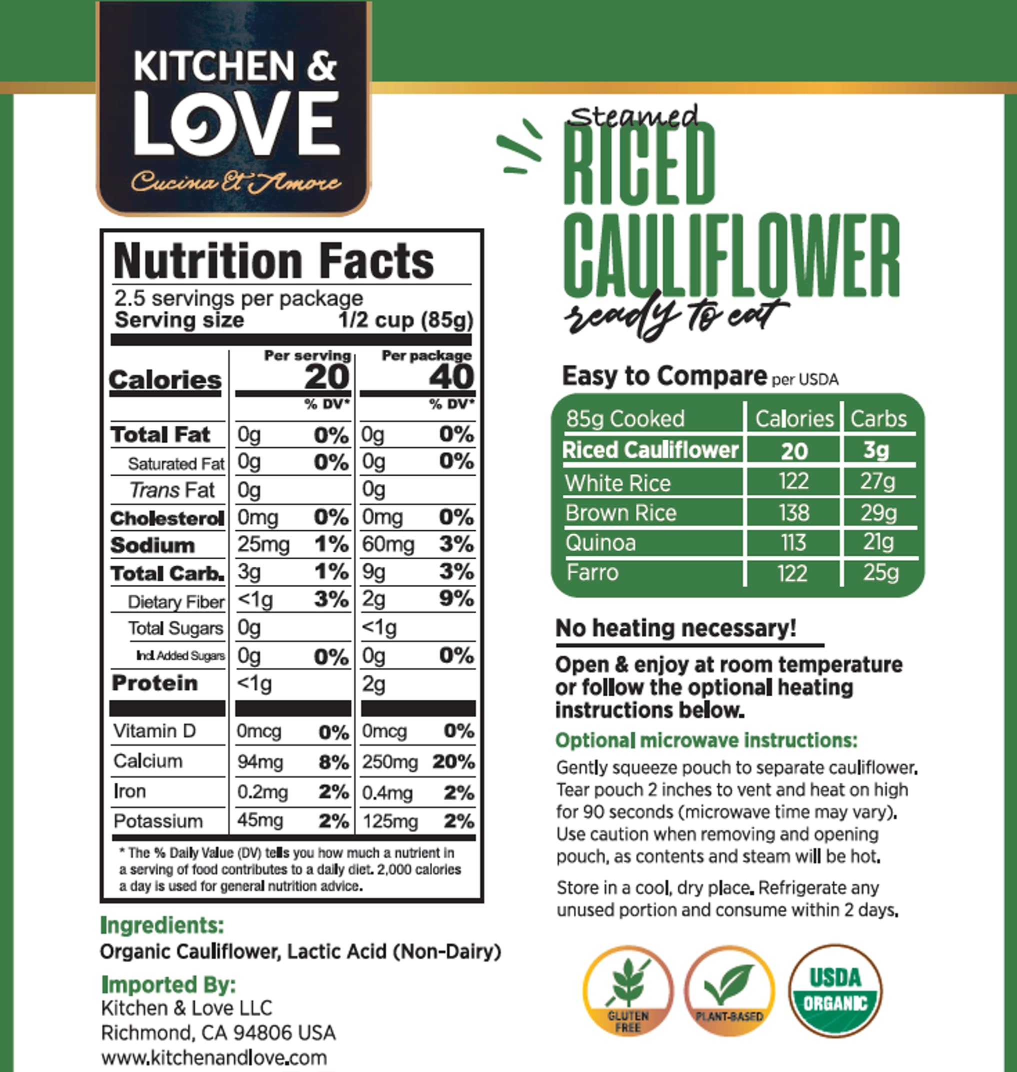 Kitchen & Love riced cauliflower served in a bowl for quick meals.