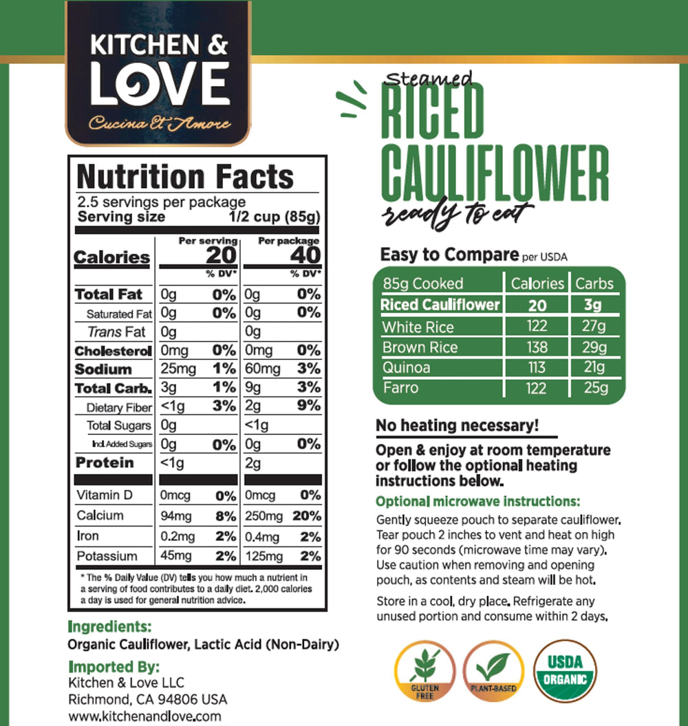 Kitchen & Love riced cauliflower served in a bowl for quick meals.