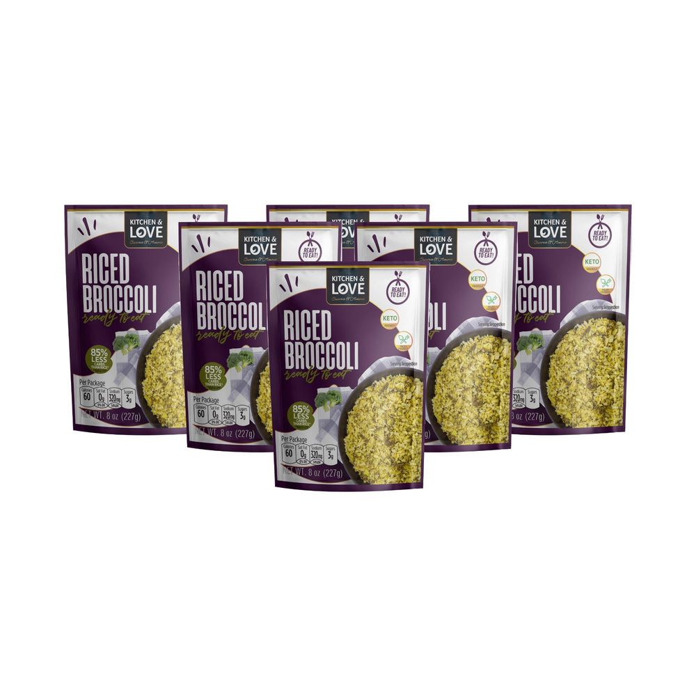 Kitchen & Love riced broccoli six-pack on display for pantry convenience.