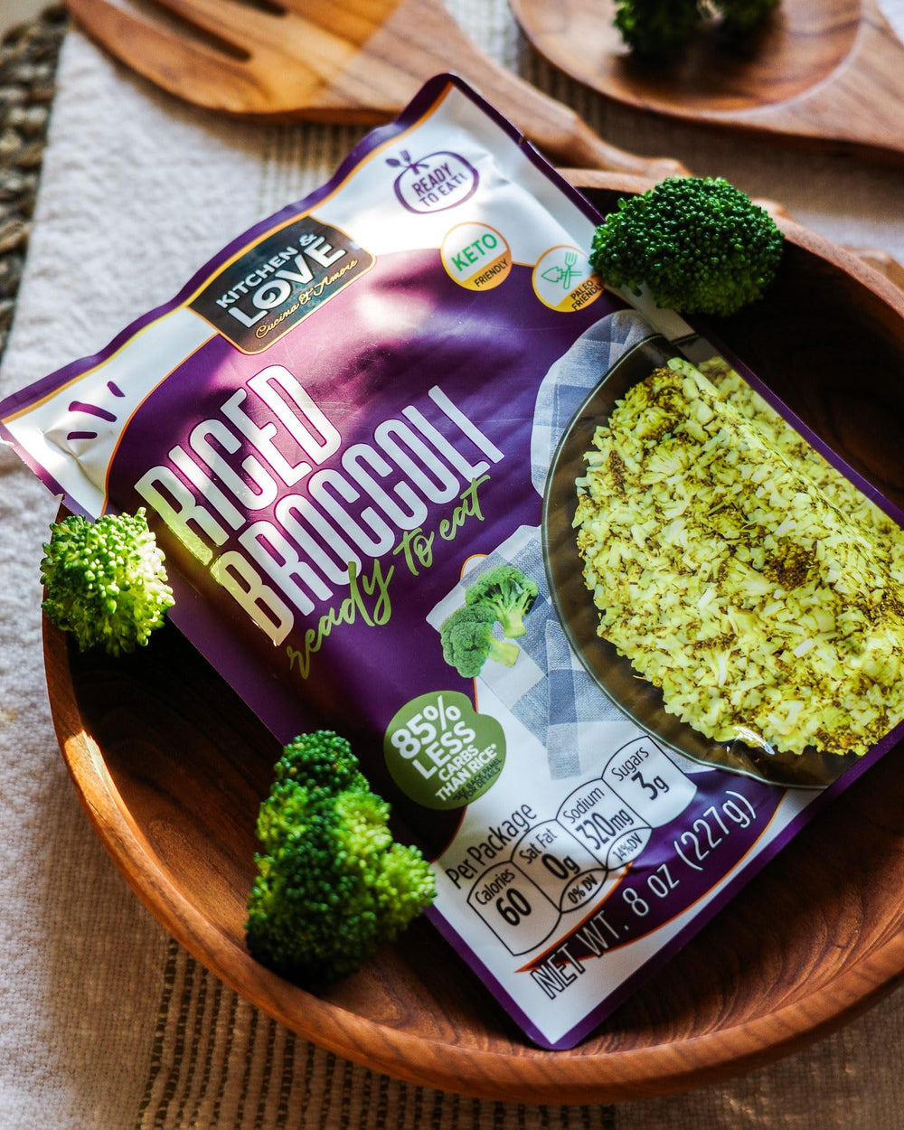Balanced bowl with Kitchen & Love riced broccoli as plant-based base.