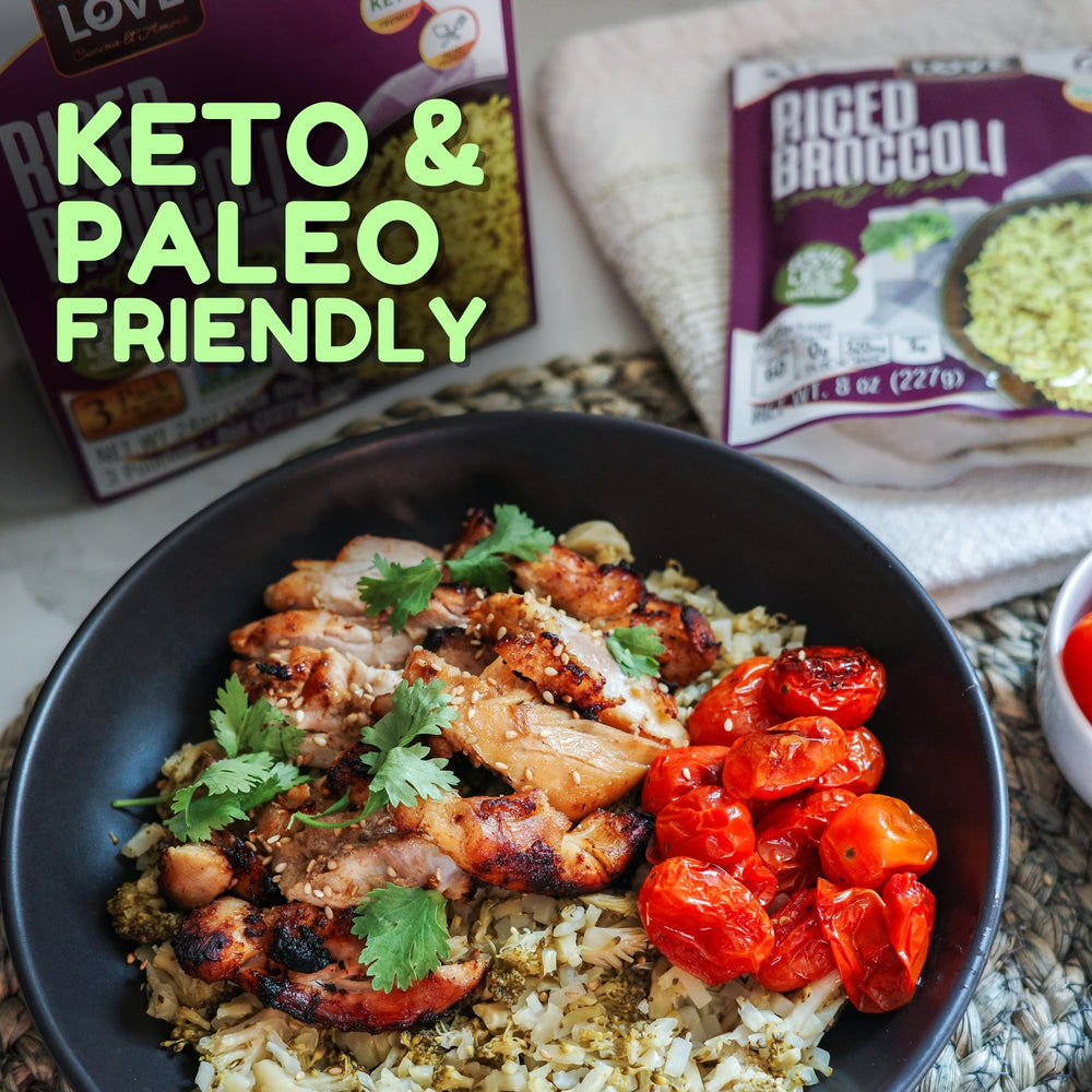 Microwave-ready Kitchen & Love riced broccoli pouch with simple heat instructions.