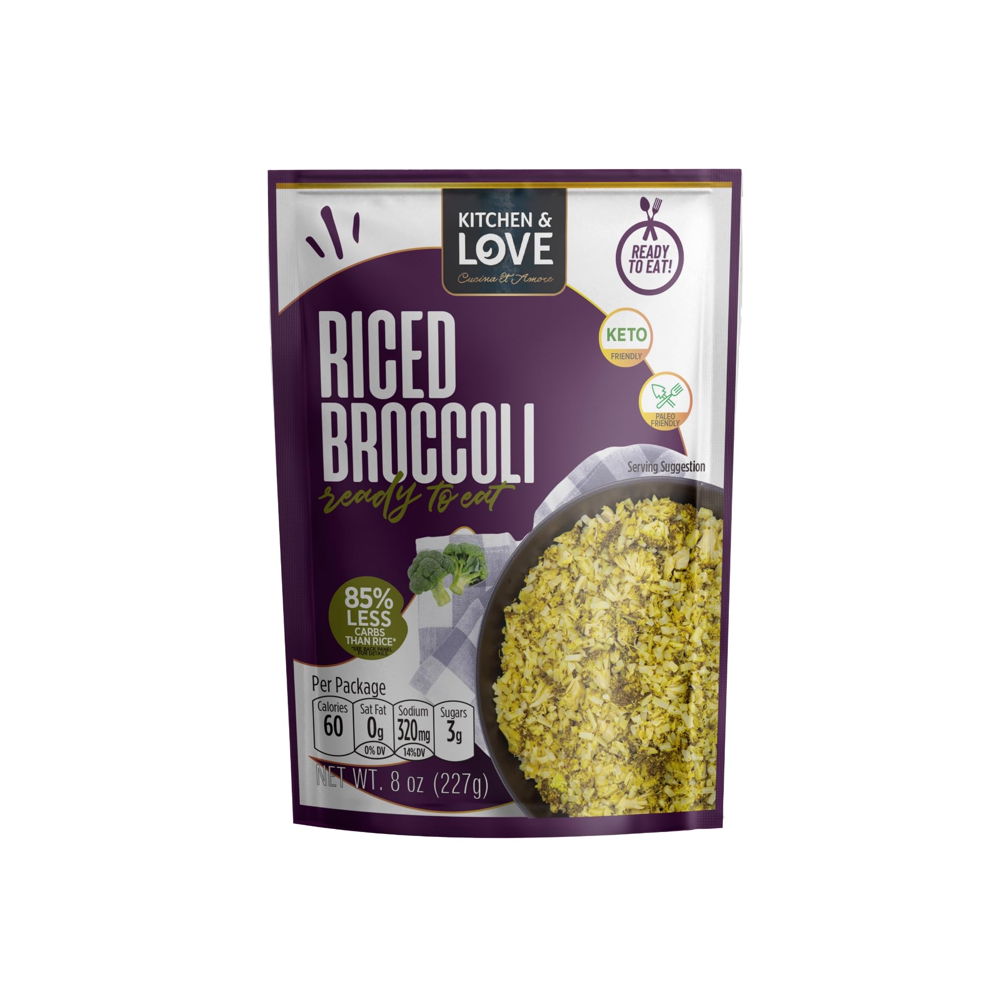 Kitchen & Love riced broccoli pouch ready to heat in minutes.