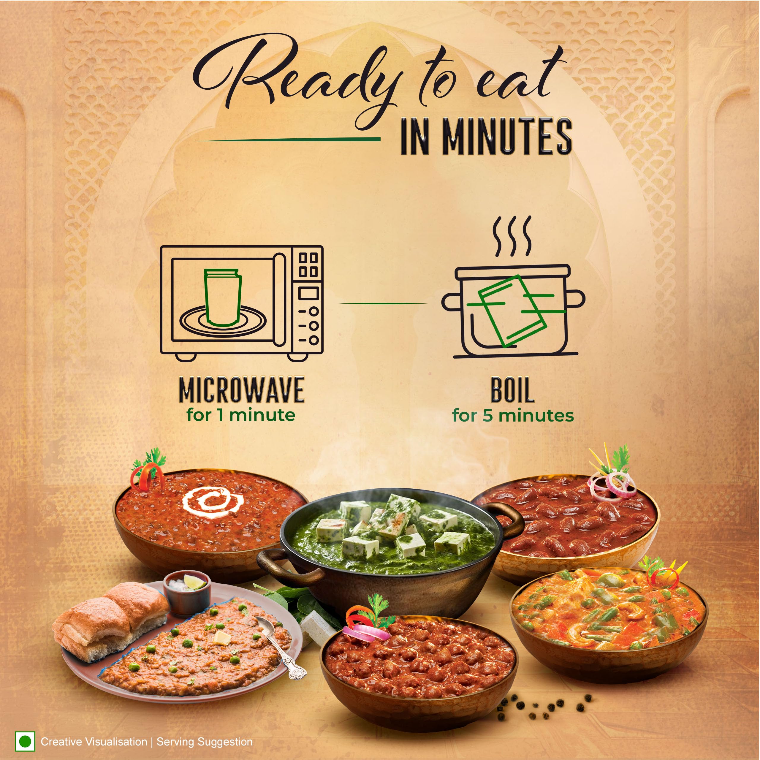Kitchens of India authentic Indian cuisine imagery on packaging signals heritage recipes.